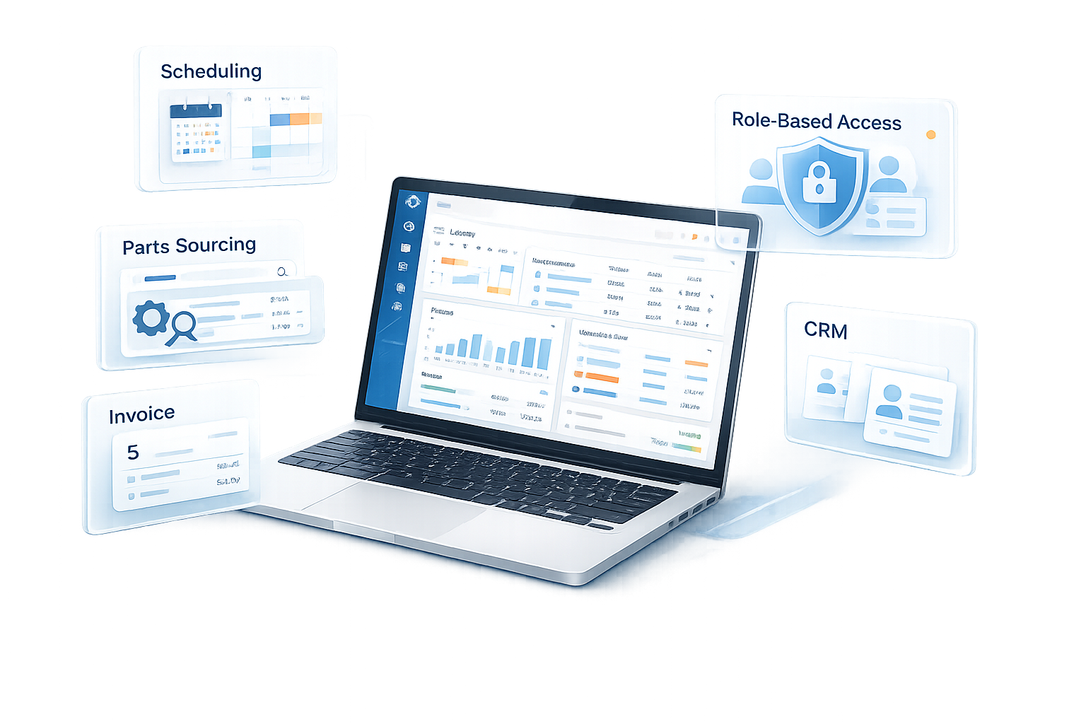 Business owner, technician, and office employee using Win-Cart ERP together in a marine service business